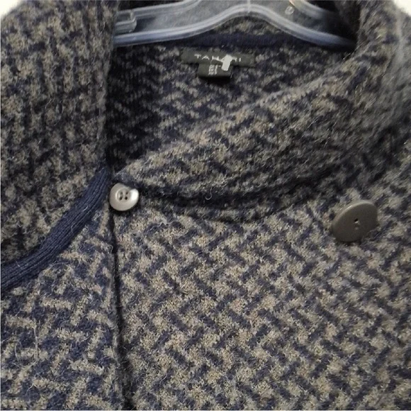 Tahari Gray& Navy Wool Cowl Neck Cardigan with Textured Design small - Picture 4 of 11
